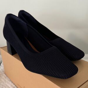 Vivaia Navy Knit Block Heel Pumps